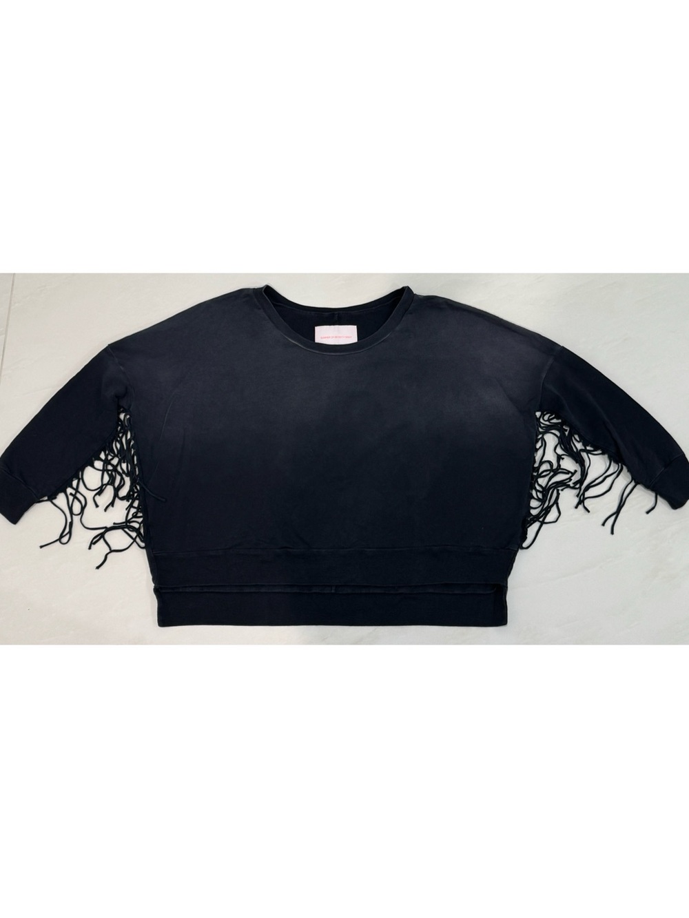 Black Fringe Short-Sleeve Pullover Top